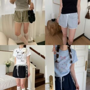韓系拼接蕾絲綁帶休閒短褲｜甜美少女風（4色）F